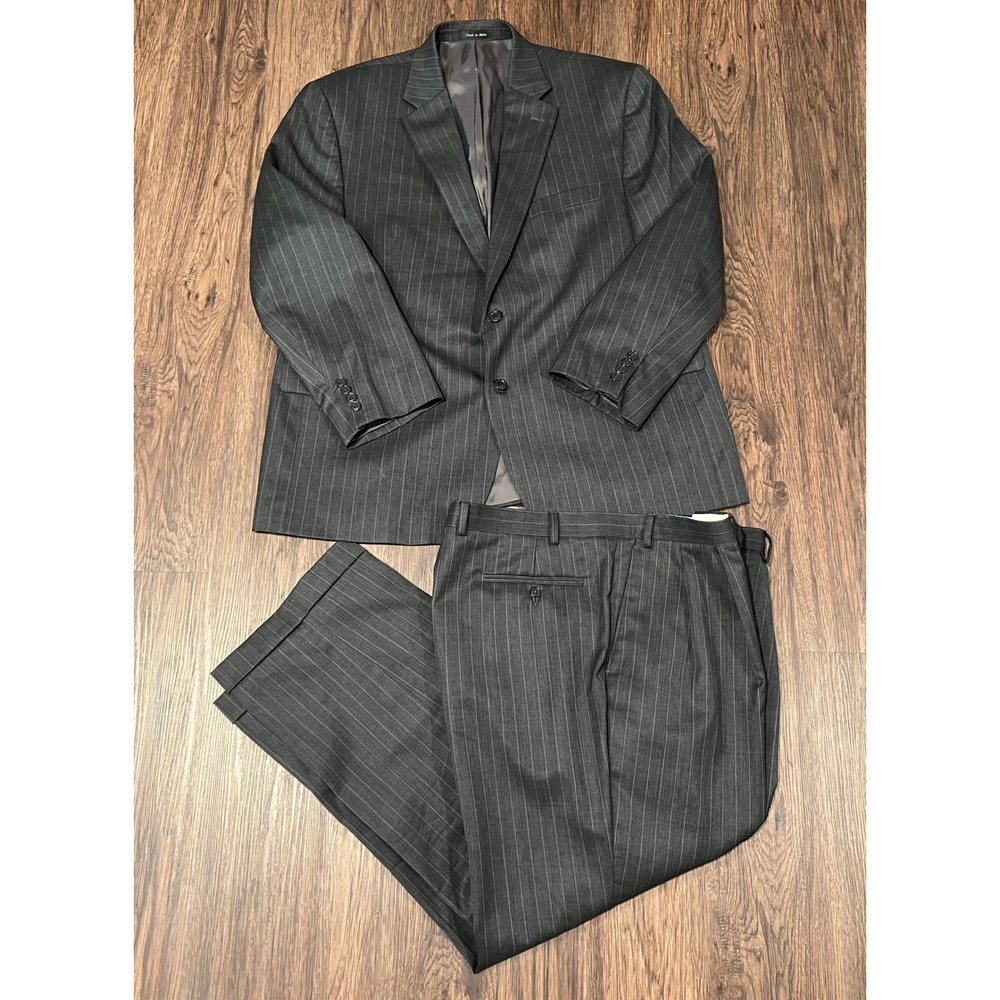 Lauren Ralph Lauren Mens 46S Suit Wool Pinstripe Charcoal Grey 40x28 Pleated